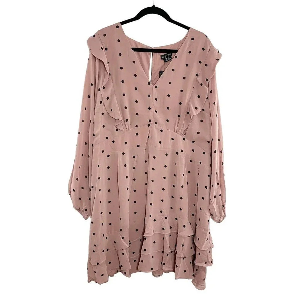 City Chic Pink & Black Polka Dot Frilly Ruffle Feminine Sabrina Dress Size 24